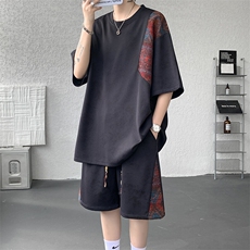 8XL-M民族风潮拼接休闲运动套装男夏季学生短袖短裤TZ38001P60，男装休闲套装，电商B312