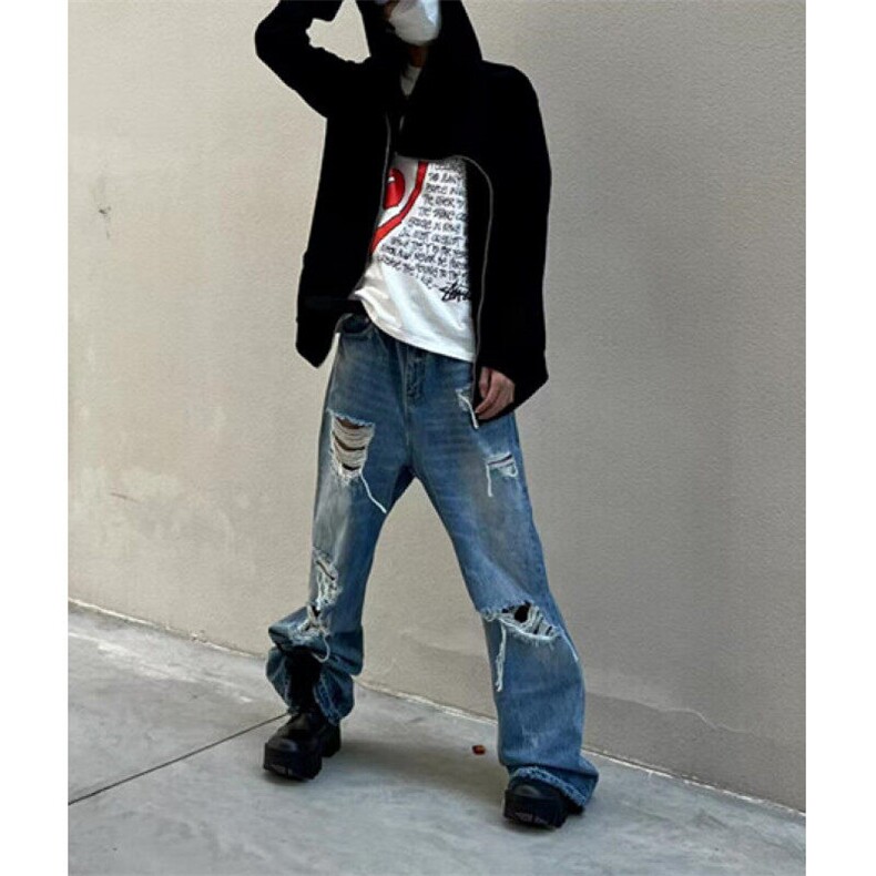 高街水洗刀割破洞微喇牛仔裤男女复古直筒显瘦设计长裤NK8698,男装牛仔裤,星座1116A（原606A-3）