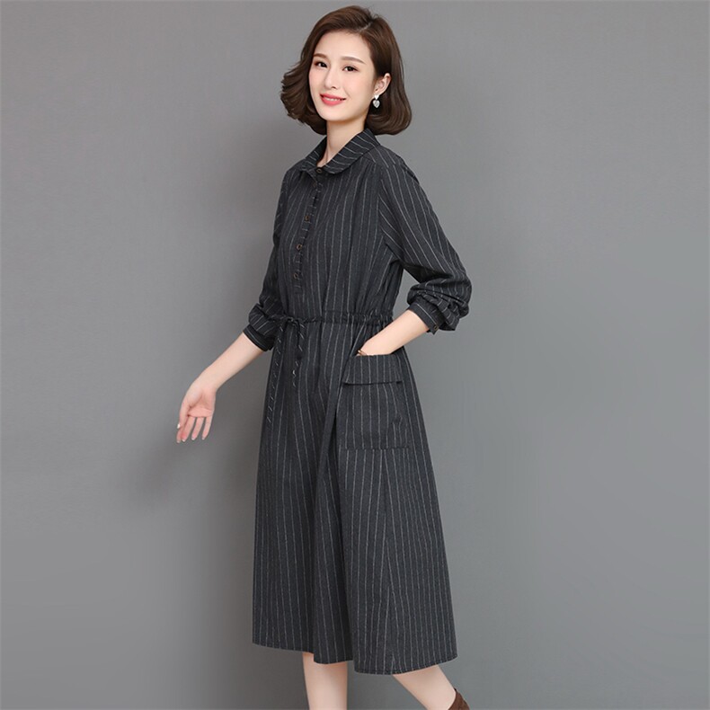 【全年有货，不下架】秋冬加厚连衣裙女长袖条纹棉麻裙中长款,女装连衣裙,3200格调