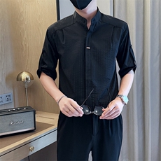 夏男立领条纹衬衫男休闲修身休闲衬衣小伙A236-82550-P60，男装衬衫，电商A236