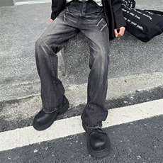 浅蓝色闪电爆裂纹牛仔裤男美式vibe风裤子cleanfit弯刀微喇裤，男装牛仔裤，星座601-2