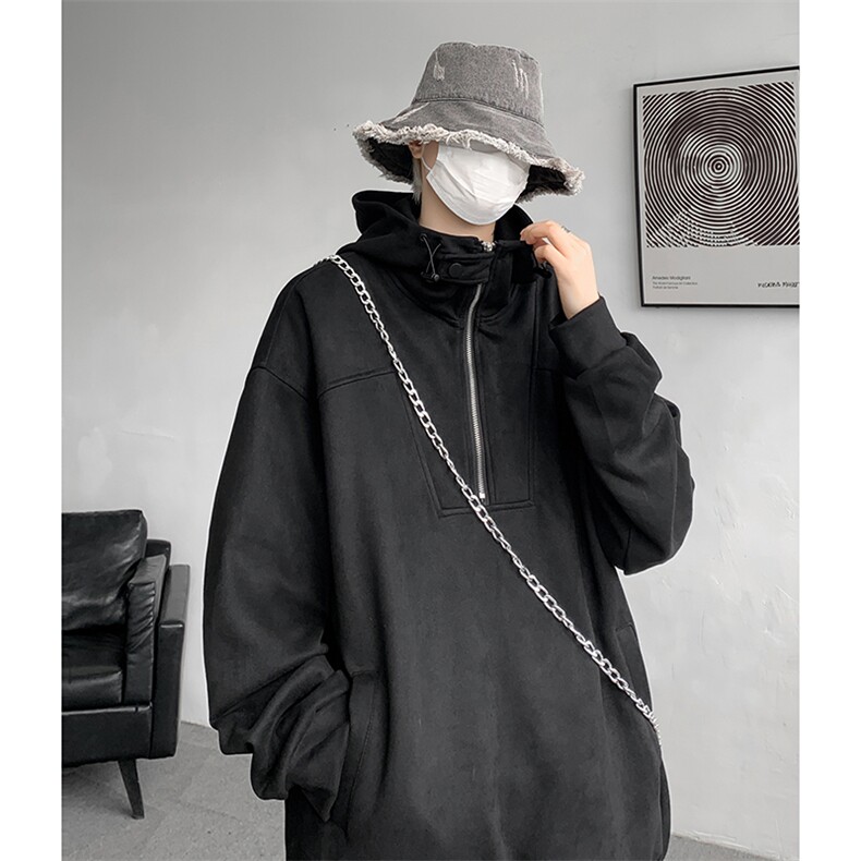 麂皮绒卫衣连帽M~8XL大码宽松美式重磅半拉链帽衫外套WY9102/P68，女装短外套，电商B238