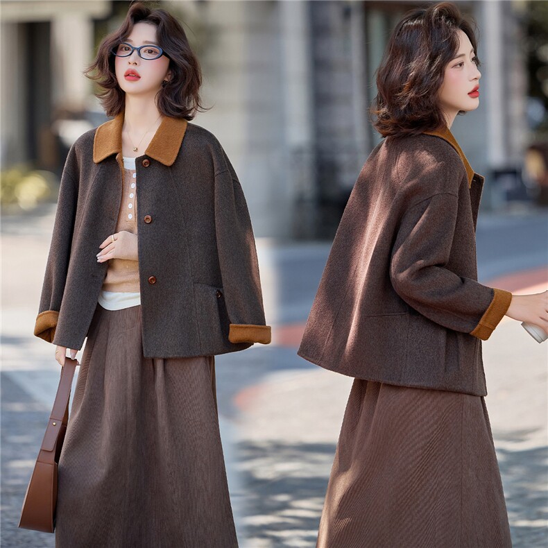 轻熟风气质撞色翻领毛呢外套女2025秋季装洋气百搭双面羊毛呢大衣，女装双面呢大衣，美沁