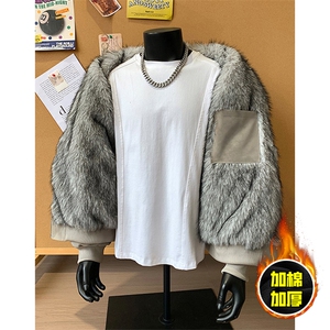 现货高品质美式高街重磅座山雕毛毛领pu皮棉衣男女加厚棉服冬外套图片