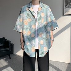 8XL-M冰丝凉感衬衣垂感透气复古花纹宽松男五分袖短袖衬衫CS526，男装T恤，电商D206-1