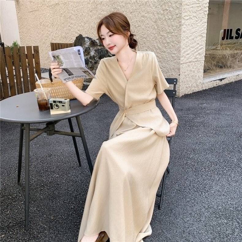 法式轻熟风气质套装裙女2025夏新款v领收腰绑带上衣半身裙两件套,女装套装/套裙,2C305
