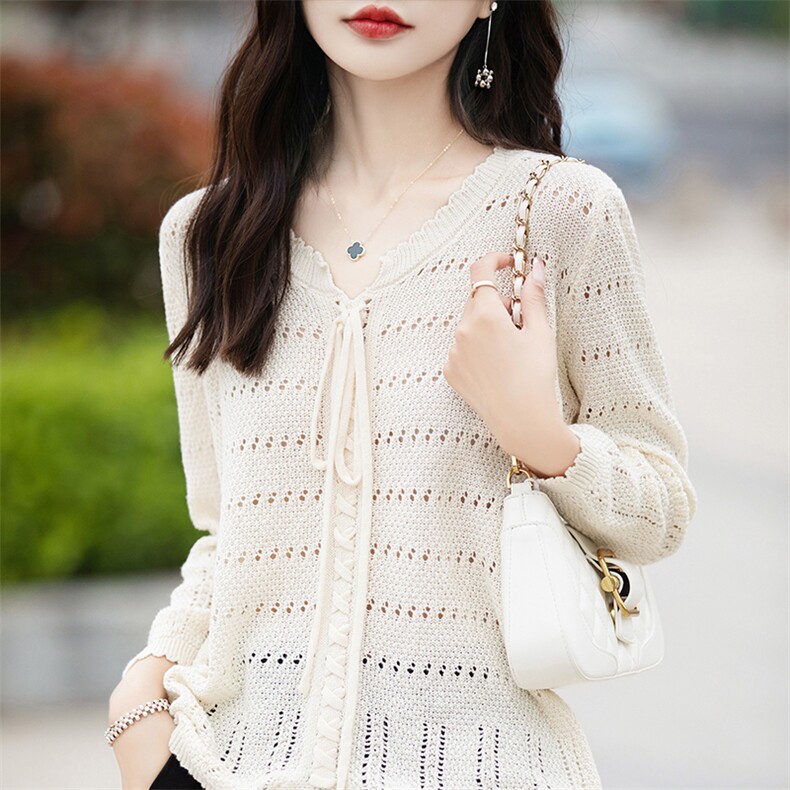春夏纯棉镂空针织长袖女薄内搭小衫2025新款小众法式漂亮百搭上衣，女装针织衫/毛衣，斯美雅电商供货