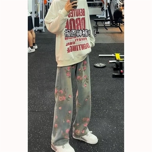 牡丹提花牛仔裤男春秋小众水洗休闲裤子cleanfit直筒微喇裤图片
