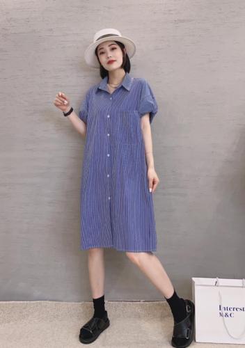 XL9915欧货韩版2021夏装新款翻领泡泡袖抽绳条纹连衣裙,女装连衣裙,L·H·X