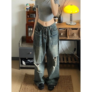 美式休闲破洞反穿设计牛仔裤男女高街复古做旧阔腿裤子L70255-p52图片