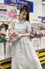 日系高端灰色亚麻衬衫连衣裙女夏2025新款学院风收腰气质工装长裙，女装连衣裙，2C372