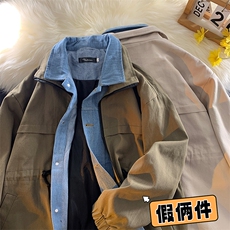wassuphappy假两件牛仔外套男款秋冬季潮流美式设计感休闲夹克衫，男装夹克，电商B380（原B361）