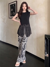 慵懒风减龄时尚套装女夏新款遮肚显瘦无袖网纱拼接上衣长裤两件套，女装套装/套裙，江南