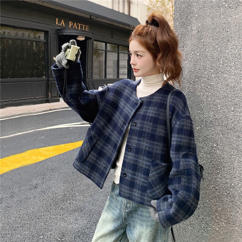 韩系蓝色格子双面呢羊毛外套女秋冬2025新款时髦减龄绝美短款大衣,女装毛呢外套,2B237