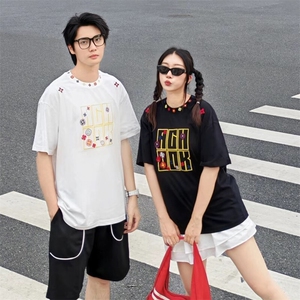 万针全刺绣工艺抖音得物高品质260克重磅纯棉双纱美式高街短袖T恤图片