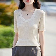 针织短袖t恤女2025夏新款U型领宽松休闲，女装针织衫/毛衣，暖烁羊绒