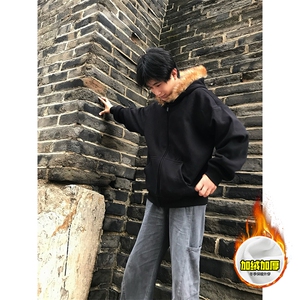 480G重磅加绒硬挺boxy秋冬美式高街超大毛领座山雕连帽卫衣厚外套图片