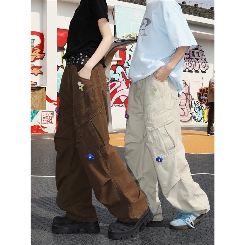 小众设计感花卉刺绣工装裤男女直筒宽松oversize裤坠感美式伞兵裤,男装牛仔裤,星座506A