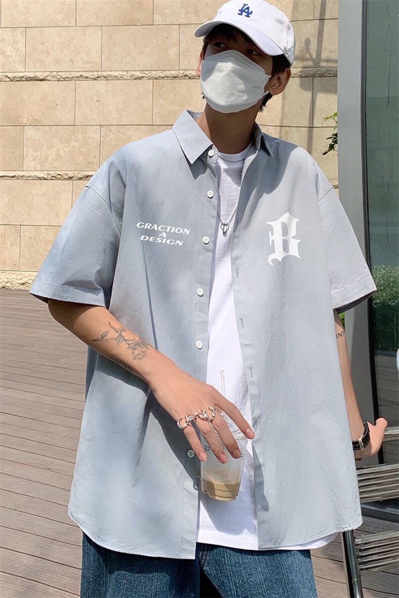 港风夏季韩版宽松翻领短袖字母印花衬衫男多色S6201P35控48,男装T恤,电商A268A