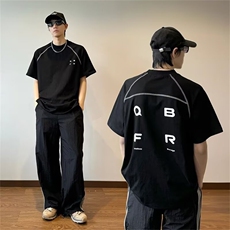 美式复古哈苏线拼接撞色短袖t恤男女宽松小众设计感情侣上衣，男装T恤，星座1210-1