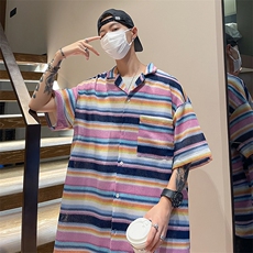 夏季高级感垫肩短袖T恤男解构拼接纽扣设计感韩版简约上衣潮，男装T恤，星座716-4