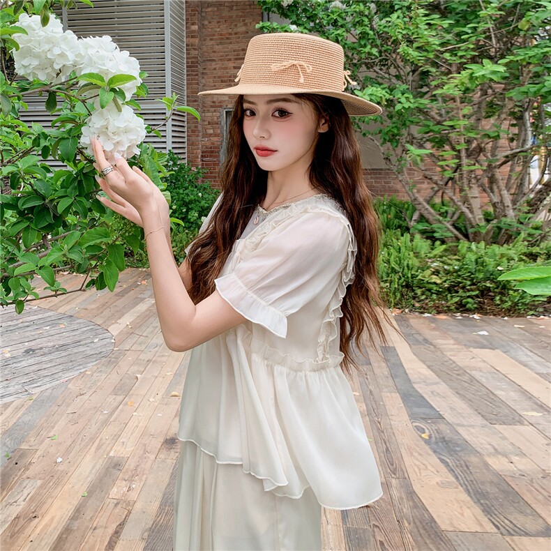 超仙时尚雪纺套装女2026夏新款半透减龄无袖木耳边阔腿裙裤两件套,女装套装/套裙,水衣源