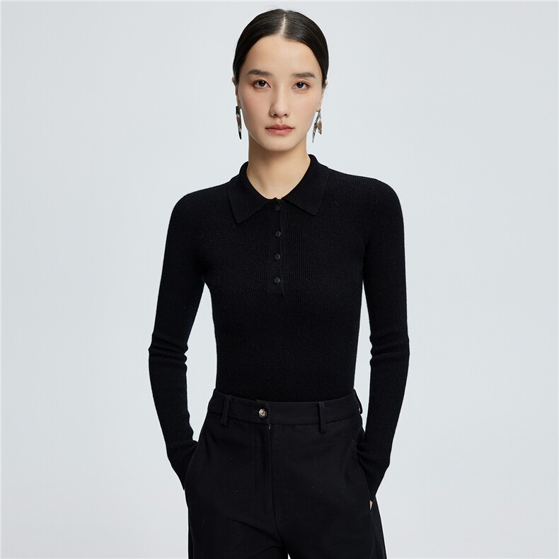 2025舒适百搭秋冬新款polo纽扣长袖打底修身,女装羊绒衫,玛卡隆羊绒