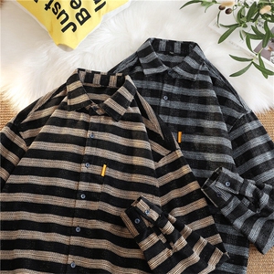 300g雪尼尔色织格港风长袖条纹衬衣宽松休闲衬衫C122-特P47图片