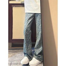 浅蓝色字母提花满印牛仔裤男款美式潮牌微喇裤子N8053-P45，男装牛仔裤，星座1001-1