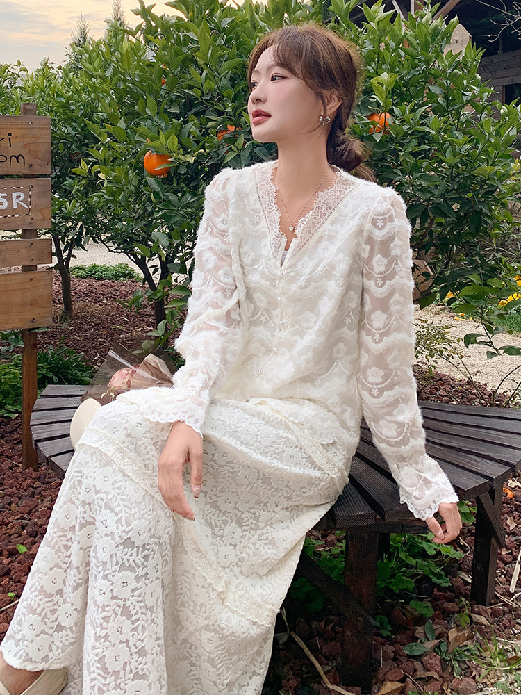 御姐轻熟长袖连衣裙女装2025春秋季新款性感蕾丝V领包臀鱼尾长裙,女装蕾丝衫/雪纺衫,浙宝193A