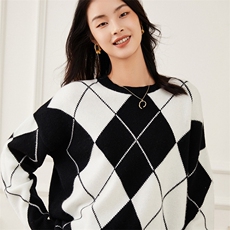 时尚女士加厚羊绒衫经典菱格图案舒适保暖适合秋季穿着，女装羊绒衫，杭跃羊绒