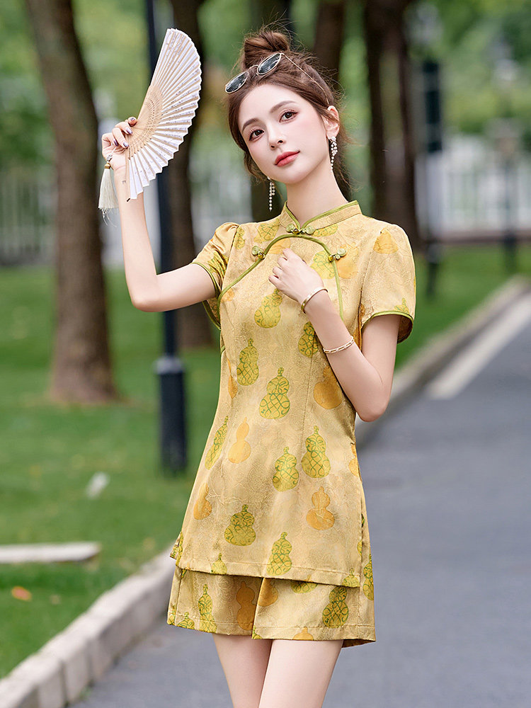 新中式国风提花套装女2025夏新款盘扣短袖上衣显瘦高腰短裤两件套,女装套装/套裙,沁沁公主