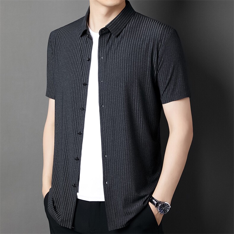 2023夏季新款男士短袖衬衫男薄款条纹中年男士商务休闲宽松衬衣,男装衬衫,电商B212（原钱塘6029）