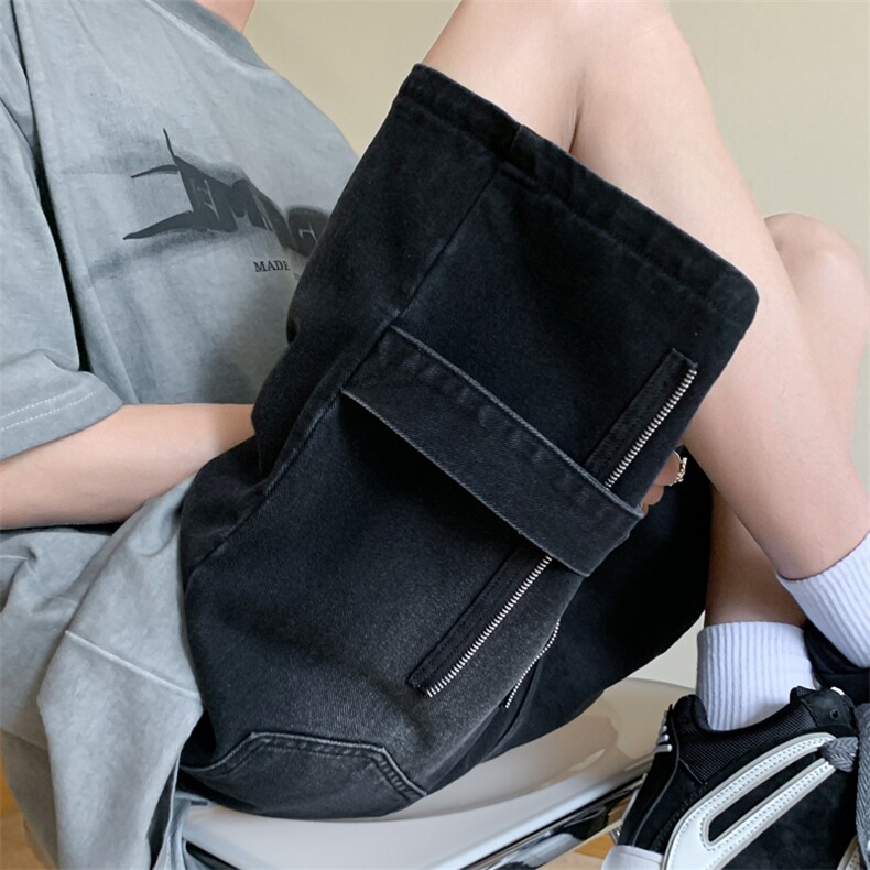 B221美式ins高街设计感拉链直通五分牛仔裤LK23082-P50控68,男装牛仔裤,电商B221
