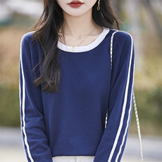 圆领纯棉毛衣打底衫女2025新款春秋季女士棉线保暖宽松拼色针织衫，女装针织衫/毛衣，斯美雅电商供货