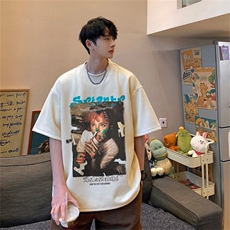！24夏季新款宽松大码港风人物涂鸦麂皮绒T恤TJ2365-特p19，男装T恤，星座508（原C305）