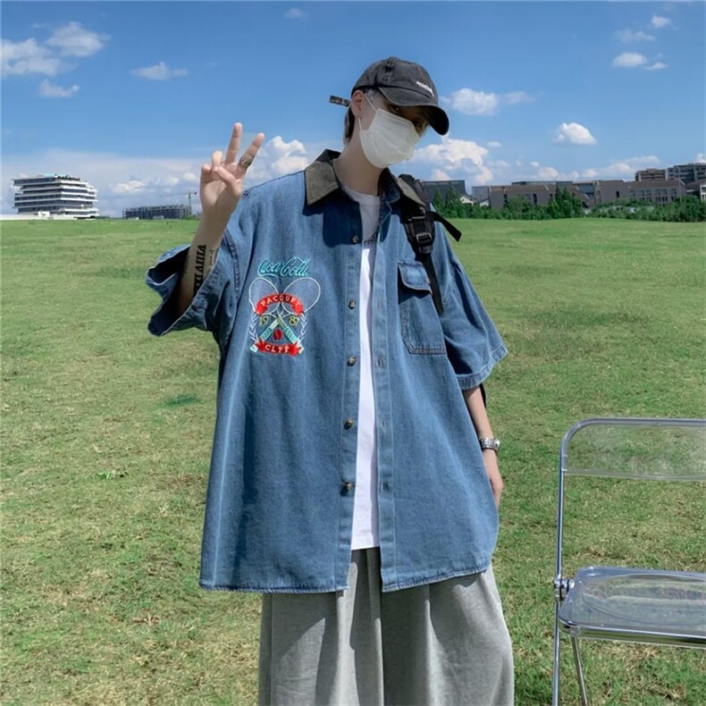 工装衬衣2023夏季高级感男休闲外套牛仔衬衫五分短袖W3437-P42,男装衬衫,星座512-2