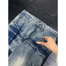 B22美式ins高街暗黑重工艺斜切宽松微喇牛仔裤LK25587-特P45控78，男装牛仔裤，电商B221