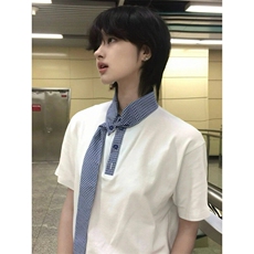 DXY247LL-P44美式领口拼接格子领带短袖t恤高级感痞帅半袖，男装T恤，星座1007（原301D）