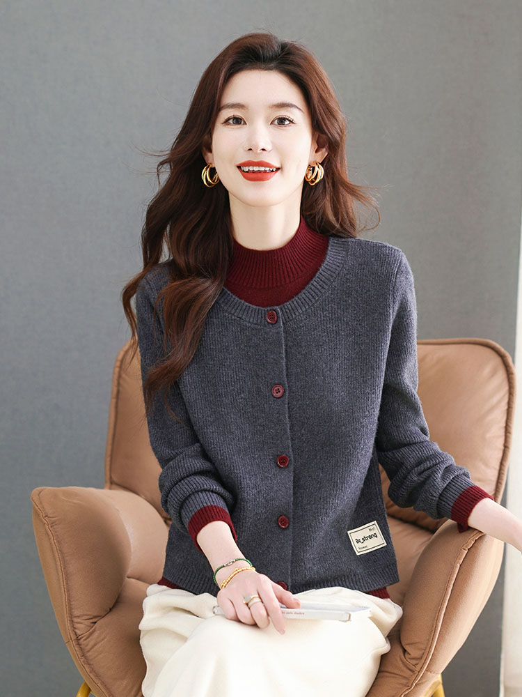 假两件上衣女时尚洋气2025新款针织拼接毛衣开衫外套半高领打底衫,商品下架区,韩然一族