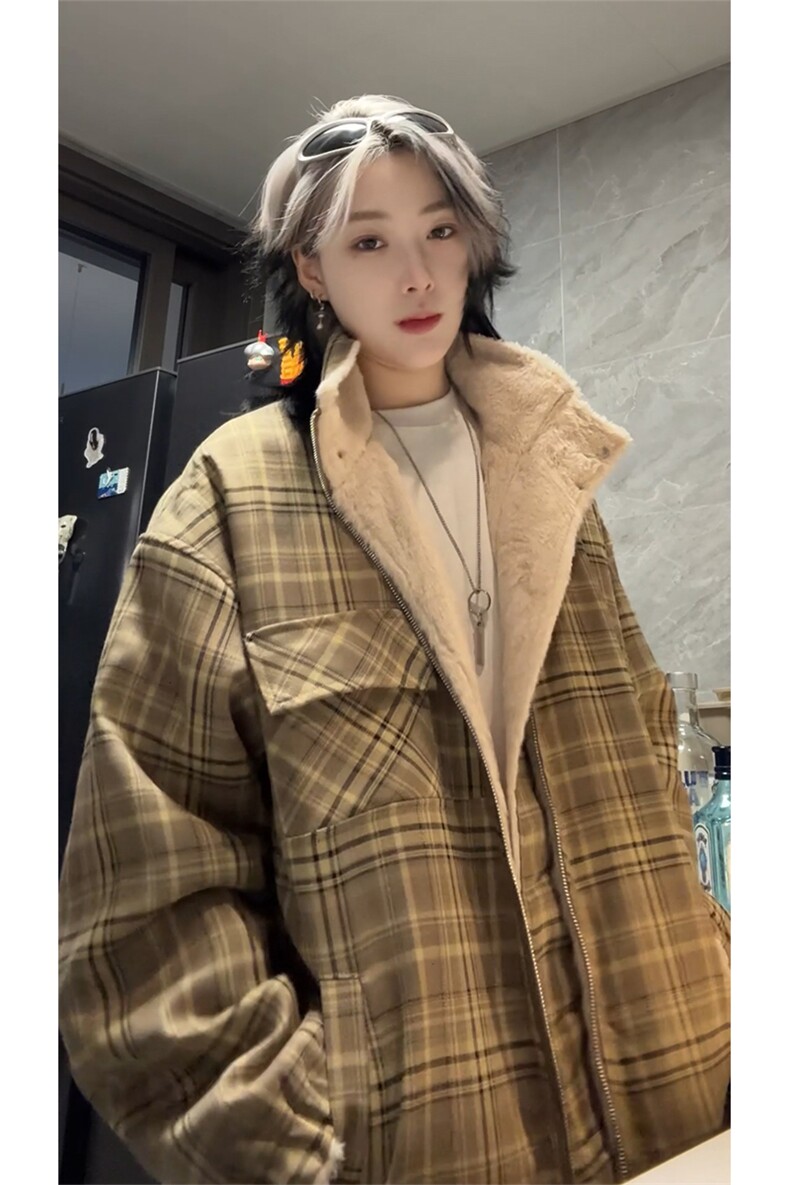 冬季加厚保暖棉服格子棉衣美式情侣两面穿羊羔毛外套男MY56-P135,男装棉衣,电商B295