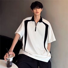 美式潮牌嘻哈半拉链T恤男夏季cleanfit撞色插肩袖重磅T903-P38，男装T恤，电商C307