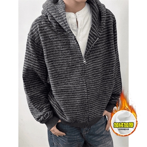 480G重磅加绒硬挺boxy 男女秋冬美式高街条纹毛呢卫衣开衫厚外套图片