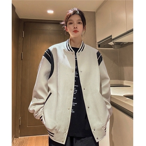 主推中性 小香风棒球服撞色拼接PU皮外套复古夹克男女H873 P108图片