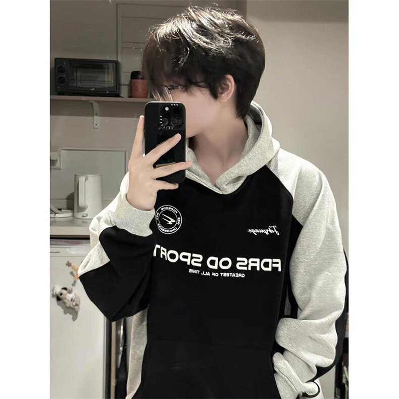 潮牌撞色插肩连帽卫衣男女秋冬宽松套头慵懒chic外套WF4208,男装卫衣,星座1116A（原606A-3）