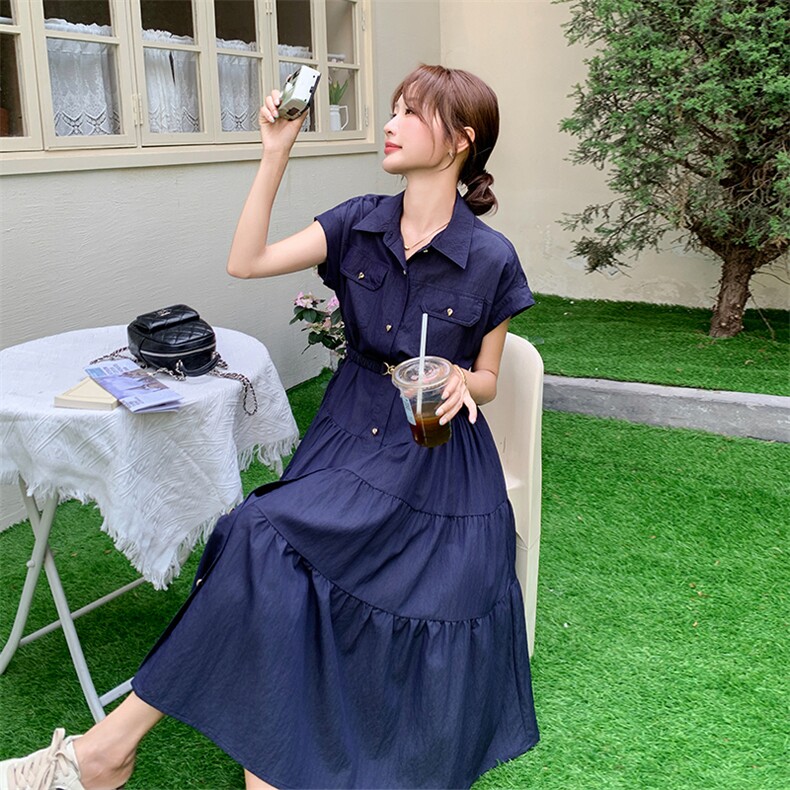 藏青色设计感工装衬衫连衣裙女2025夏季新款超好看气质收腰a字裙,女装连衣裙,浙宝301