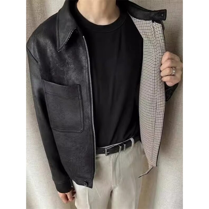 千鸟格内里皮衣外套男美式高街霜冻裂纹pu皮猎装夹克，男装皮衣，星座410-7