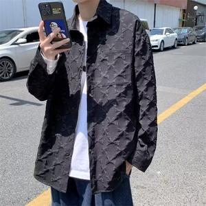 潮牌复古着感男春秋情侣宽松休闲提花衬衫S28P36图片