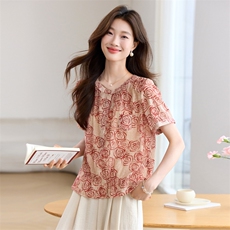 时尚印花圆领衬衫女2025新款夏季短袖洋气减龄高级感气质衬衣上衣，女装蕾丝衫/雪纺衫，简韵佳