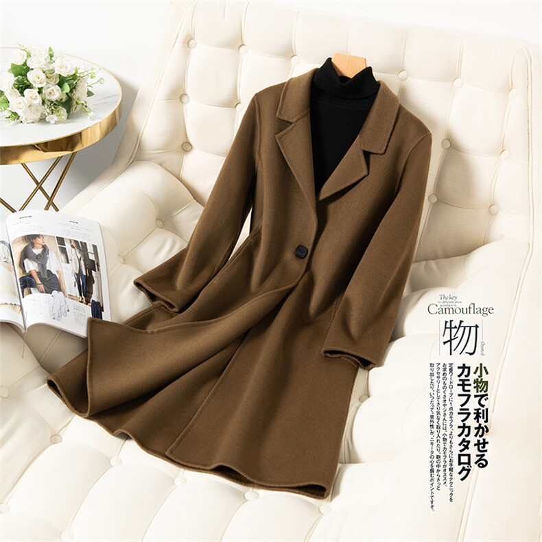 秋冬新款绵羊毛双面呢大衣长款修身显瘦西装领女羊毛呢外套，女装双面呢大衣，温鑫双面呢